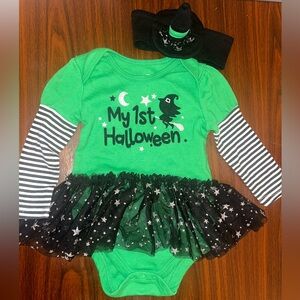 Let’s Celebrate My 1st Halloween Green Onesie with Witch Hat